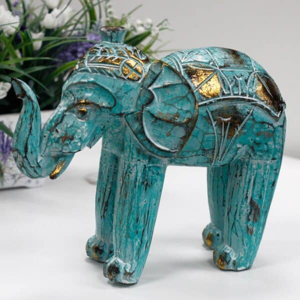 Elefante Tallado en Madera - Oro Turquesa - Imagen 2