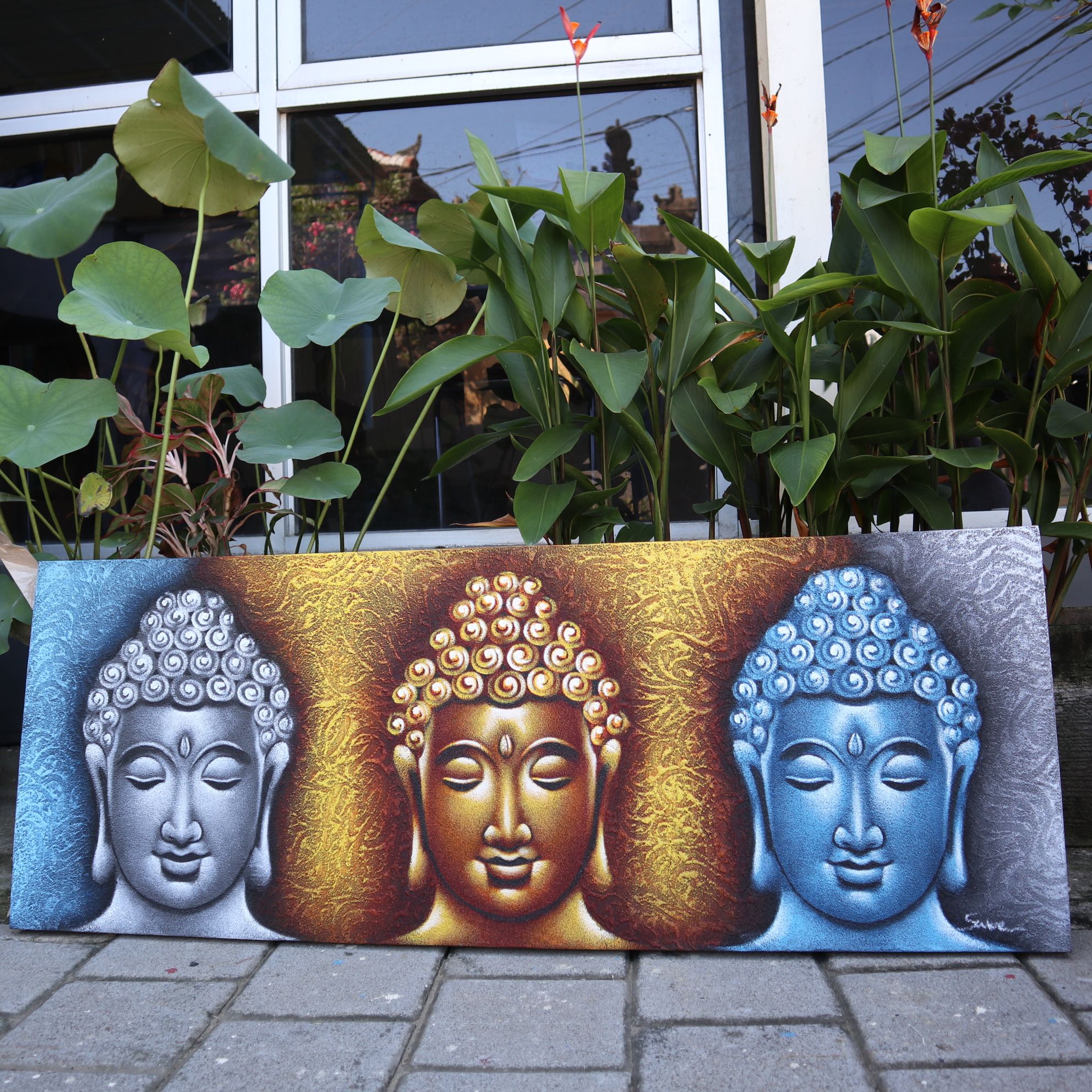 Cuadro de Buda - Tres Cabezas Detalles en Oro - Imagen 2