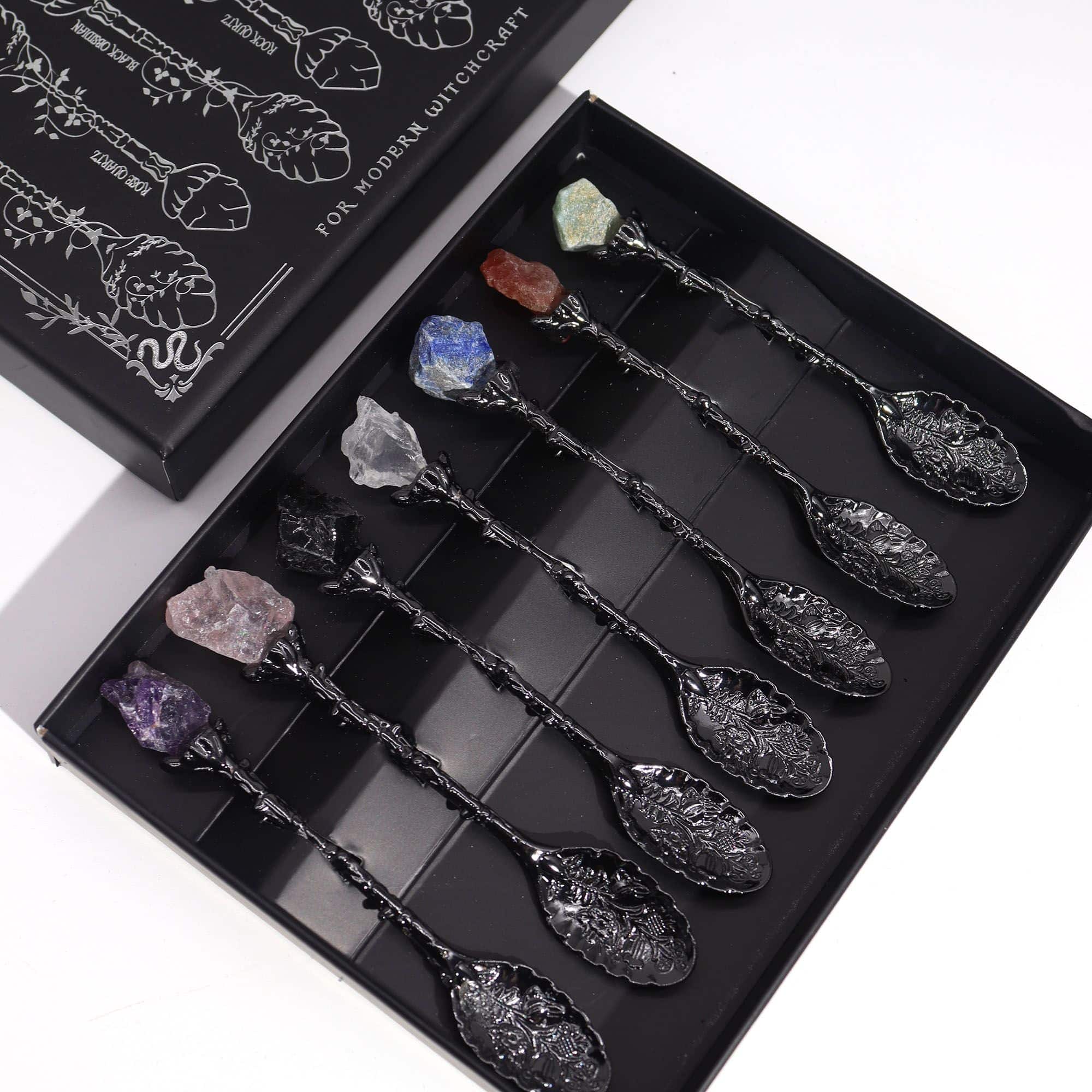 Juego de 7 Cucharas de Bruja de Cristal de Piedra Preciosa de Plata Oscura - Imagen 3
