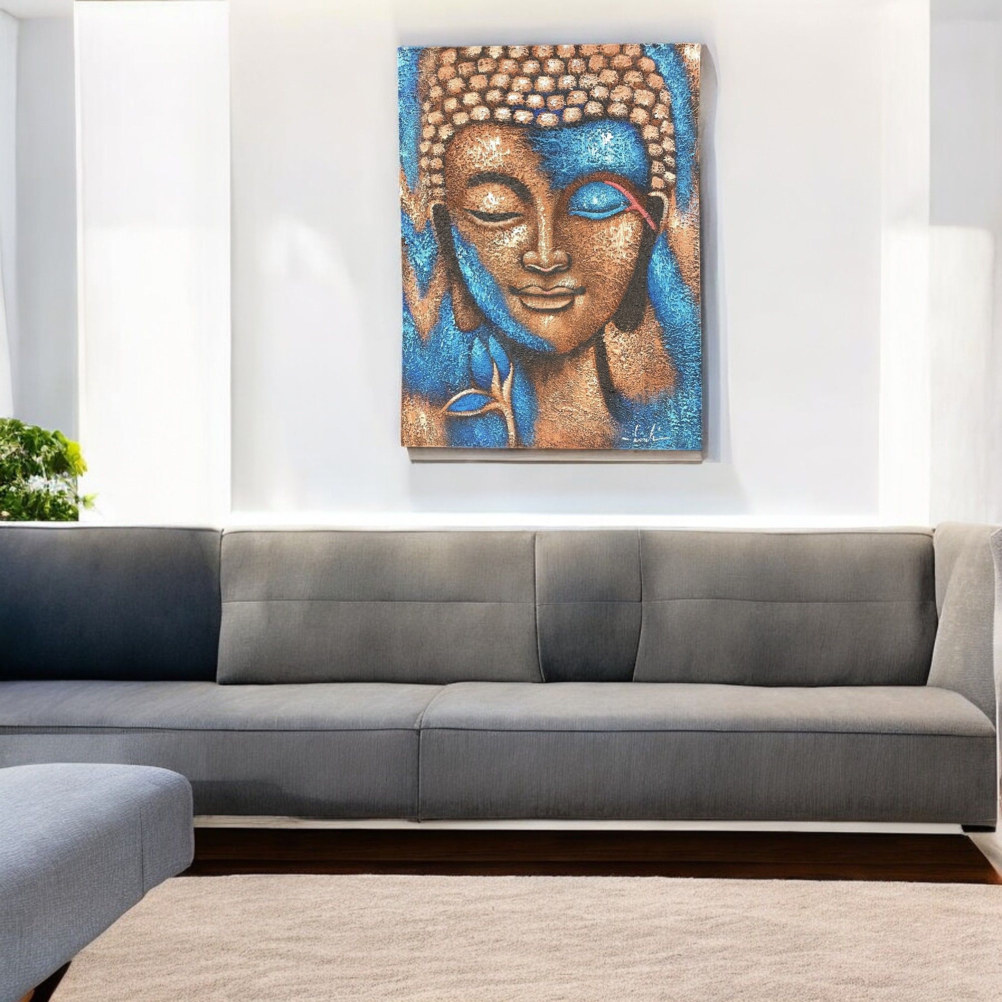 Pintura de Buda - Flor Bronce y Azul - Imagen 3