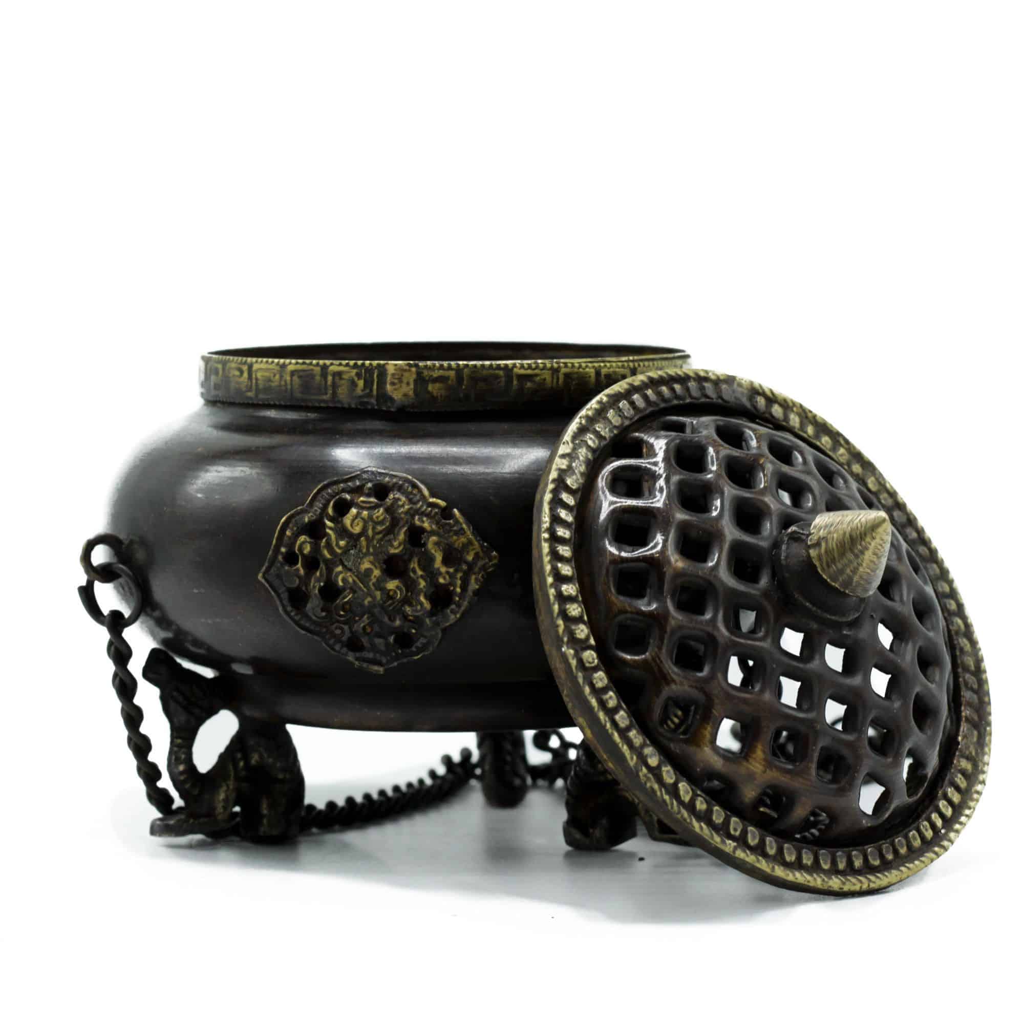 Quemador Tibetano Grande de Latón - Vasija Colgante de Cuatro Símbolos - Imagen 3