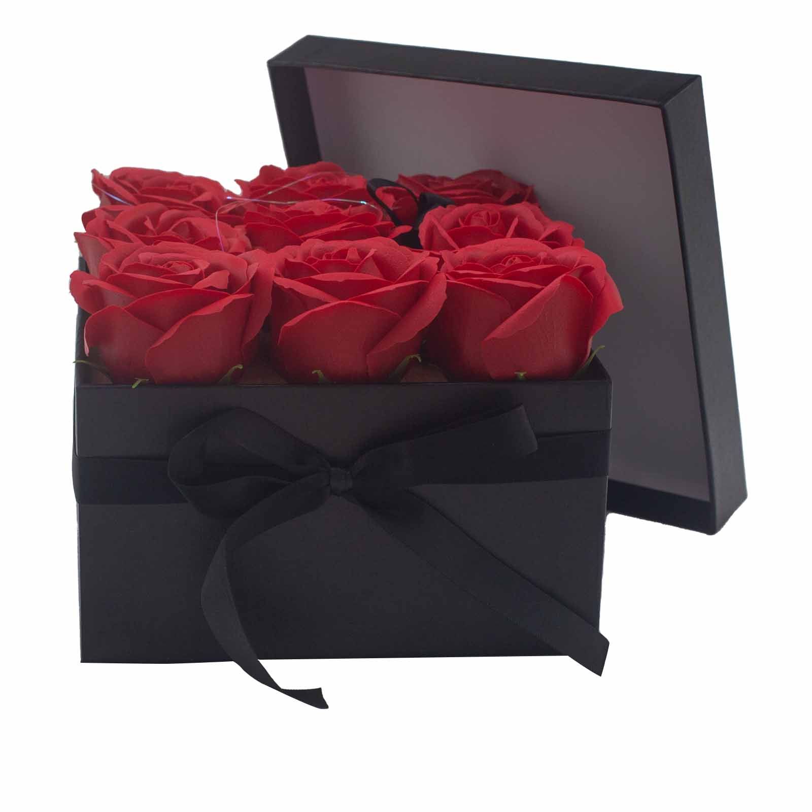 Caja de Regalo - Flor de Jabón  9 Rosas rojo - cuadrado - Imagen 2