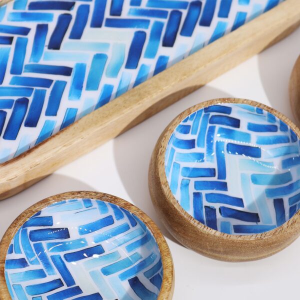 Bandeja de Madera de Mango con 3 Cuencos - Rayas Azules - Imagen 3