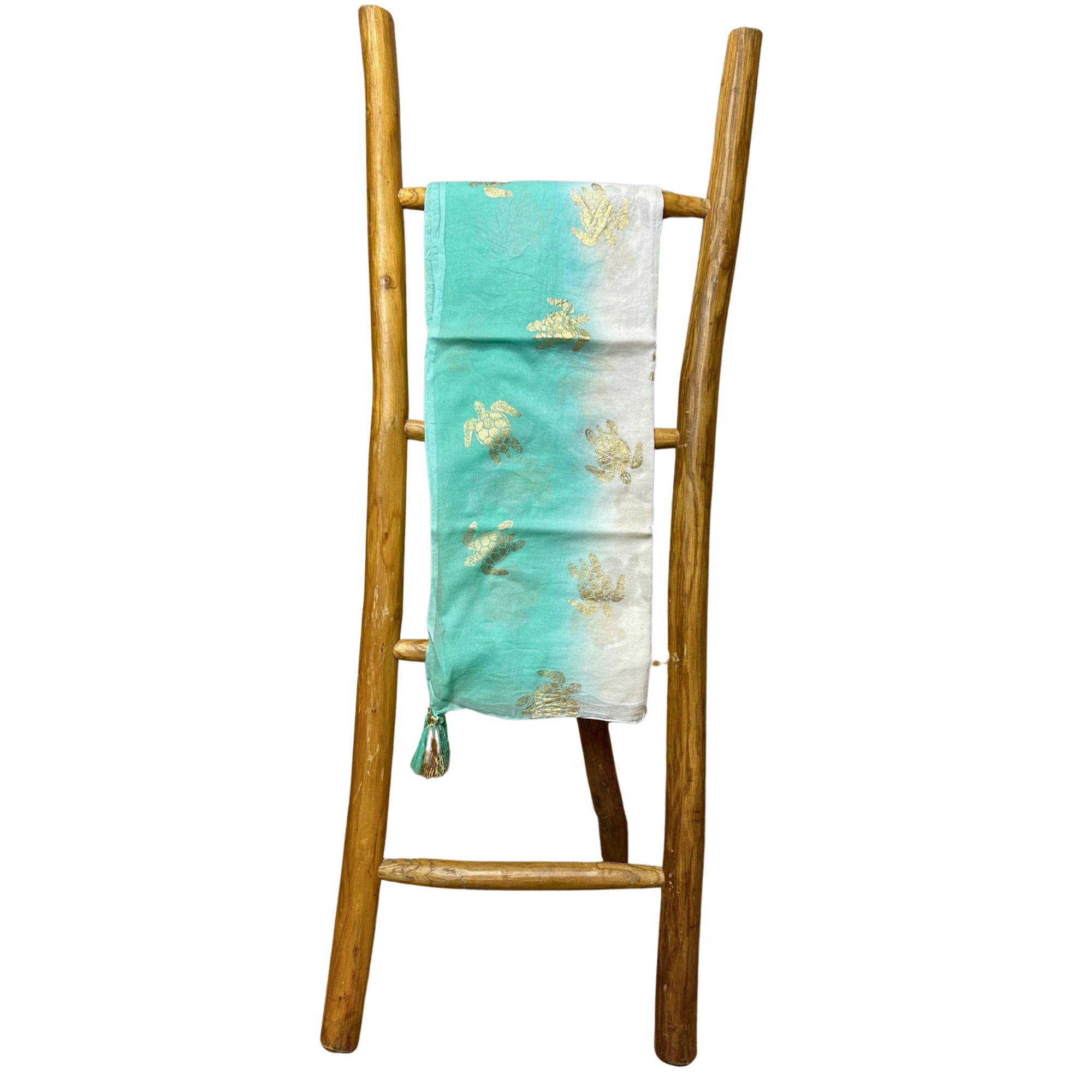Colección Nómada Sari Mediterráneo - Pareo - Diseño de Tortuga en Blanco, Turquesa y Oro - Imagen 2