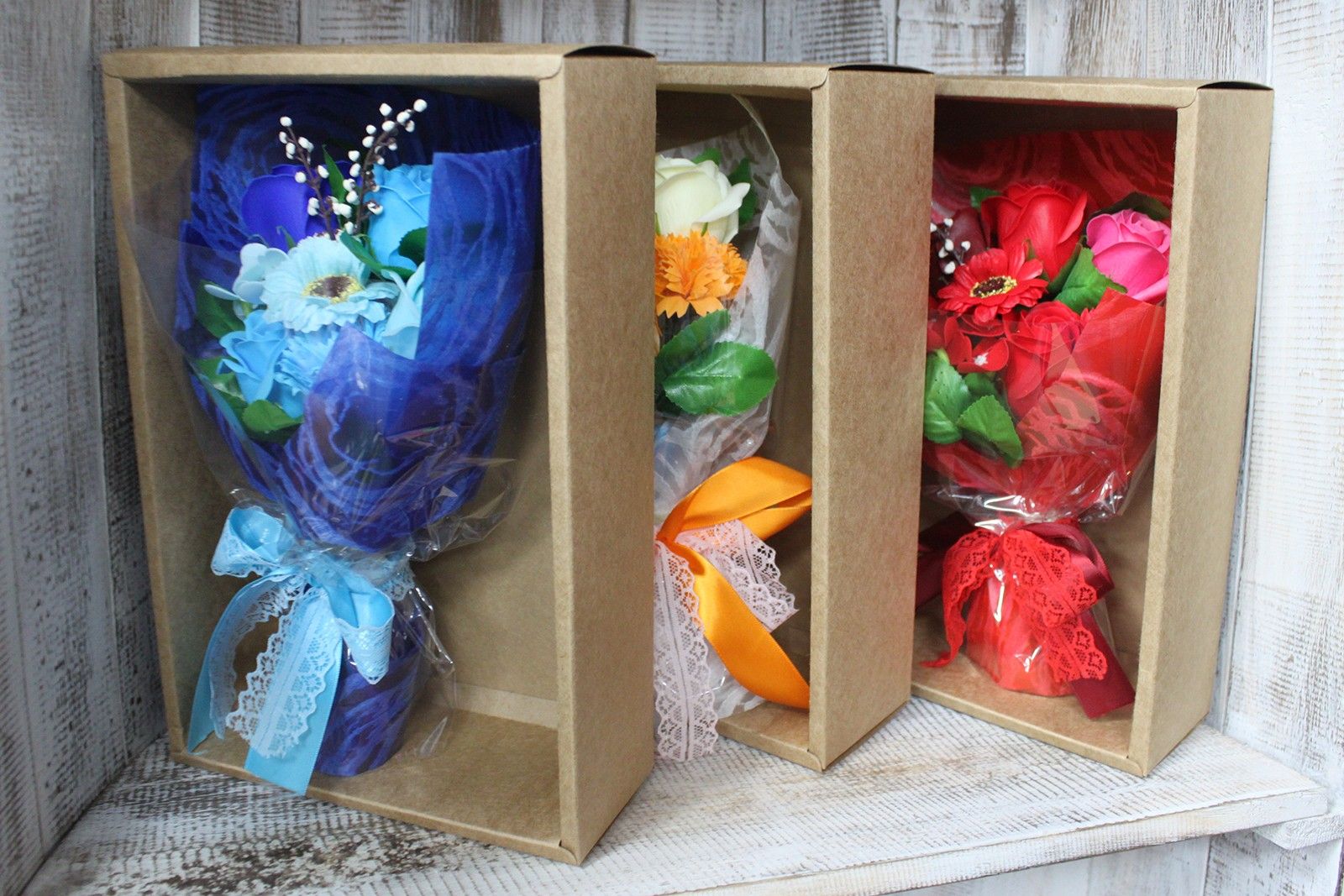Bouquet flores jabón en caja - naranja - Imagen 4