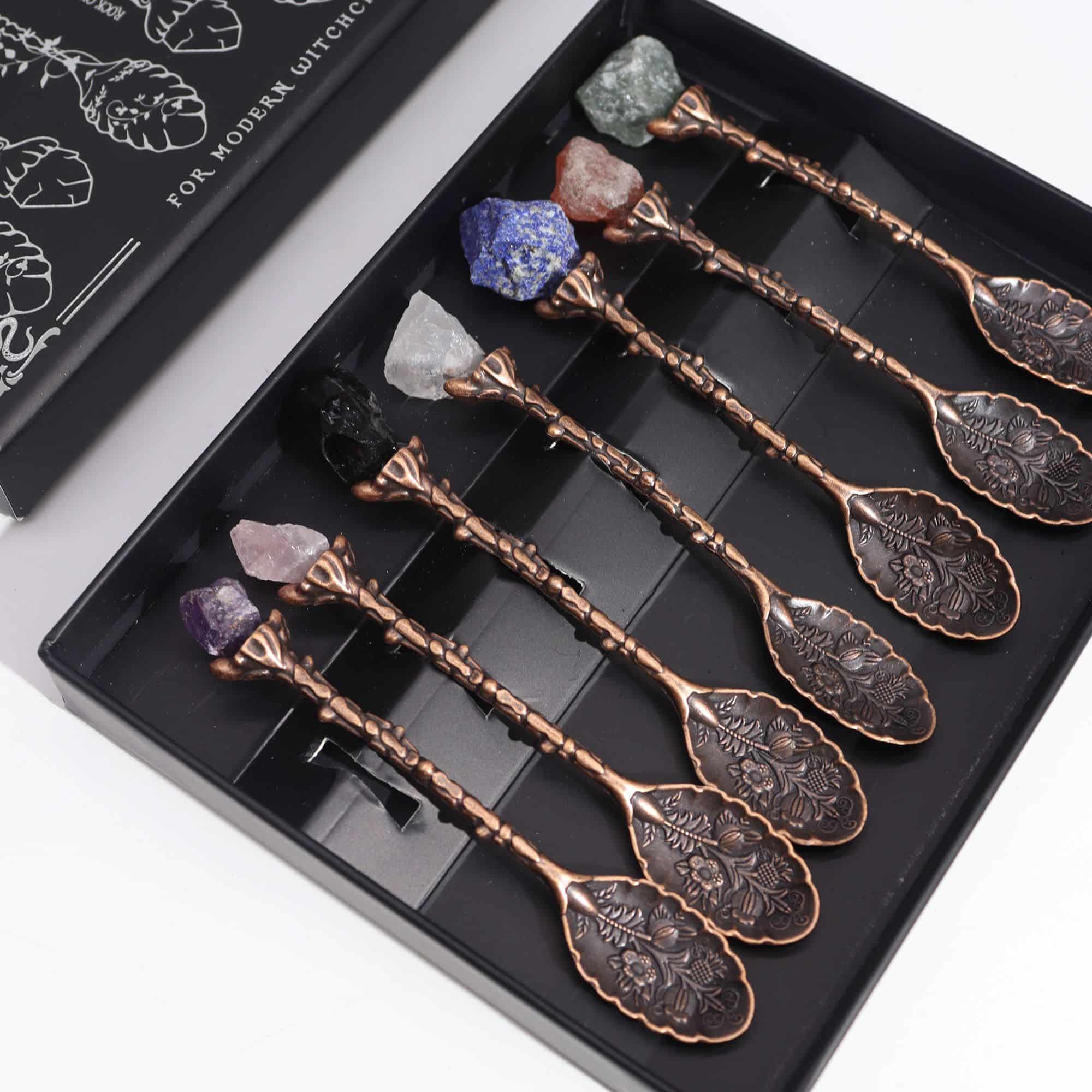 Set de 7 Cucharas de Bruja de Cristal con Piedra Preciosa de Bronce - Imagen 3