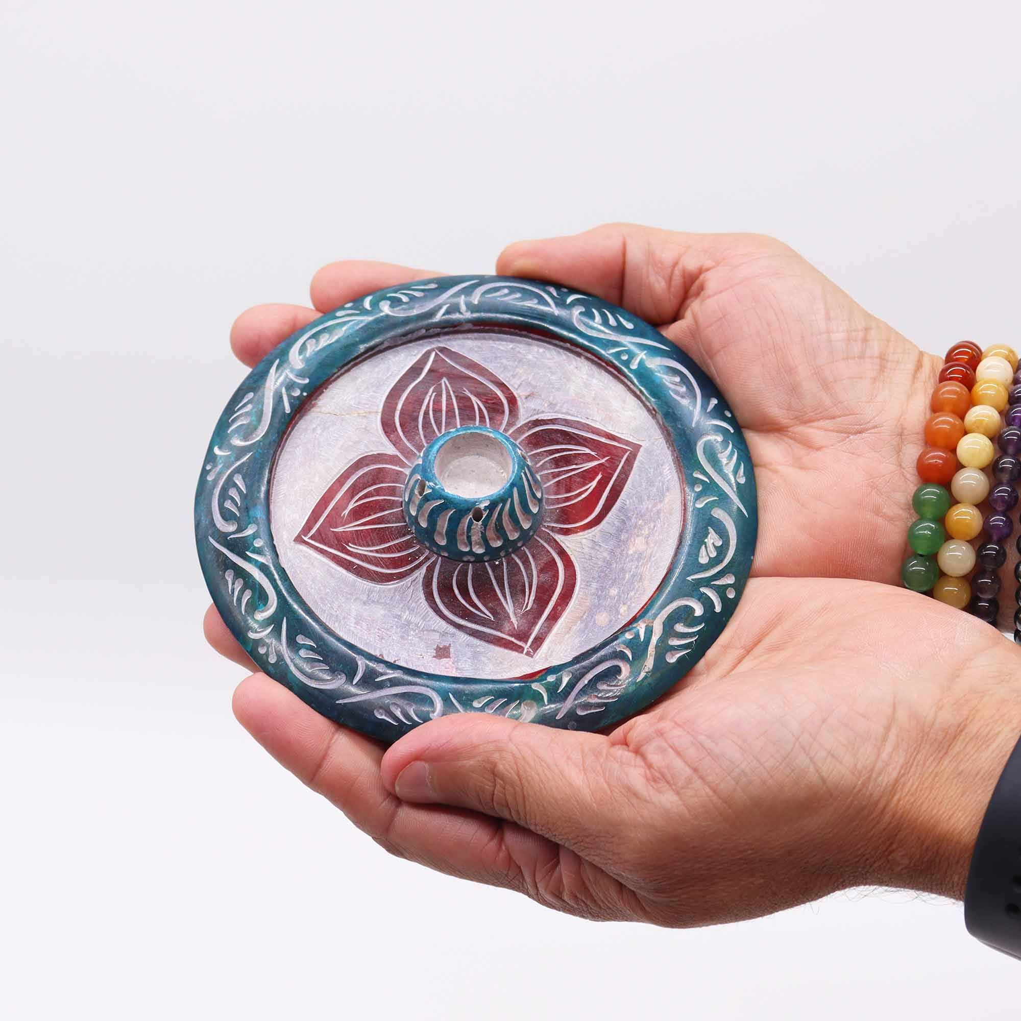 Porta-incienso Disco de Esteatita 12cm - Cuatro Pétalos (cono y porta-incienso) - Imagen 3