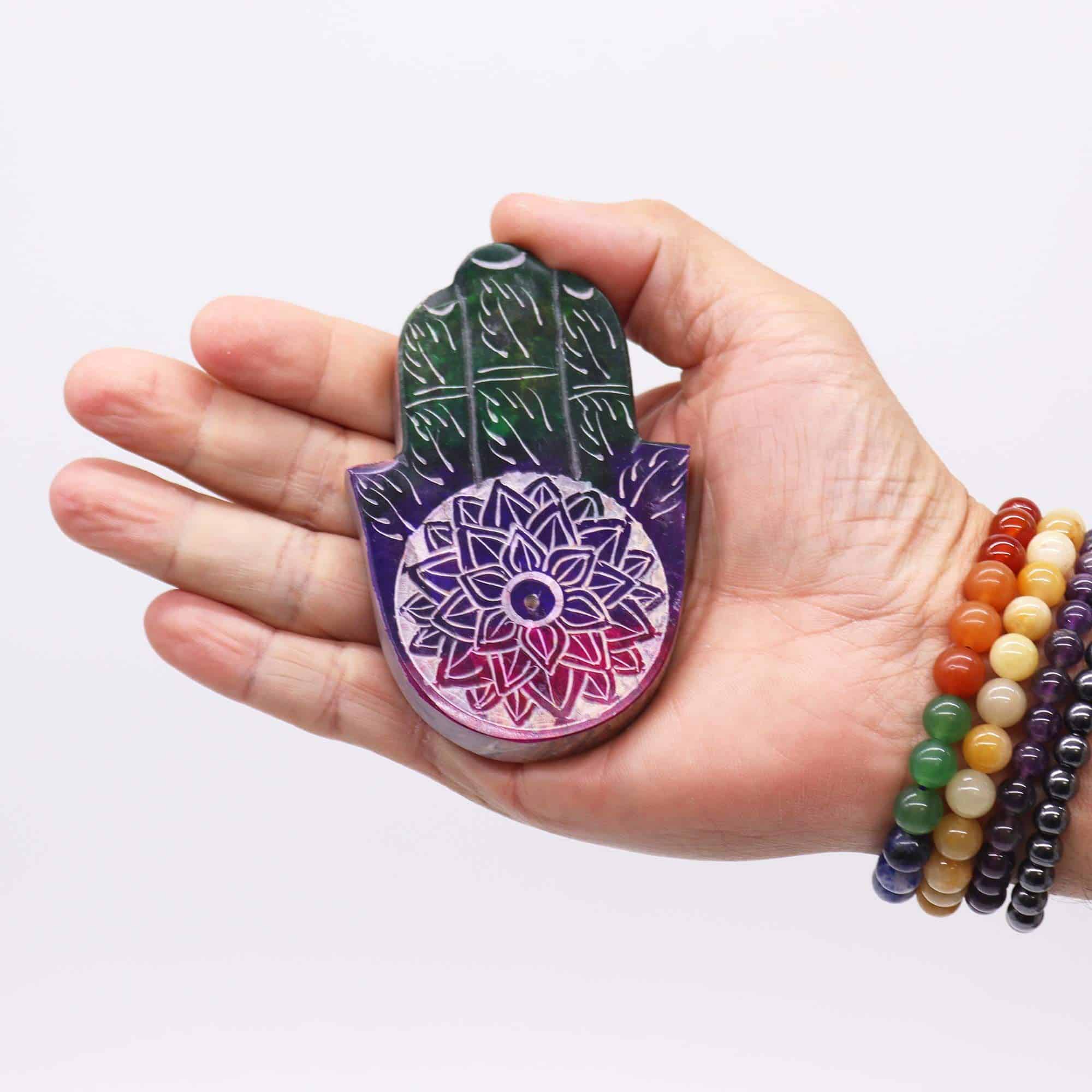 Porta-incienso Hamsa de esteatita 9x6cm - Flor de Loto - Imagen 2