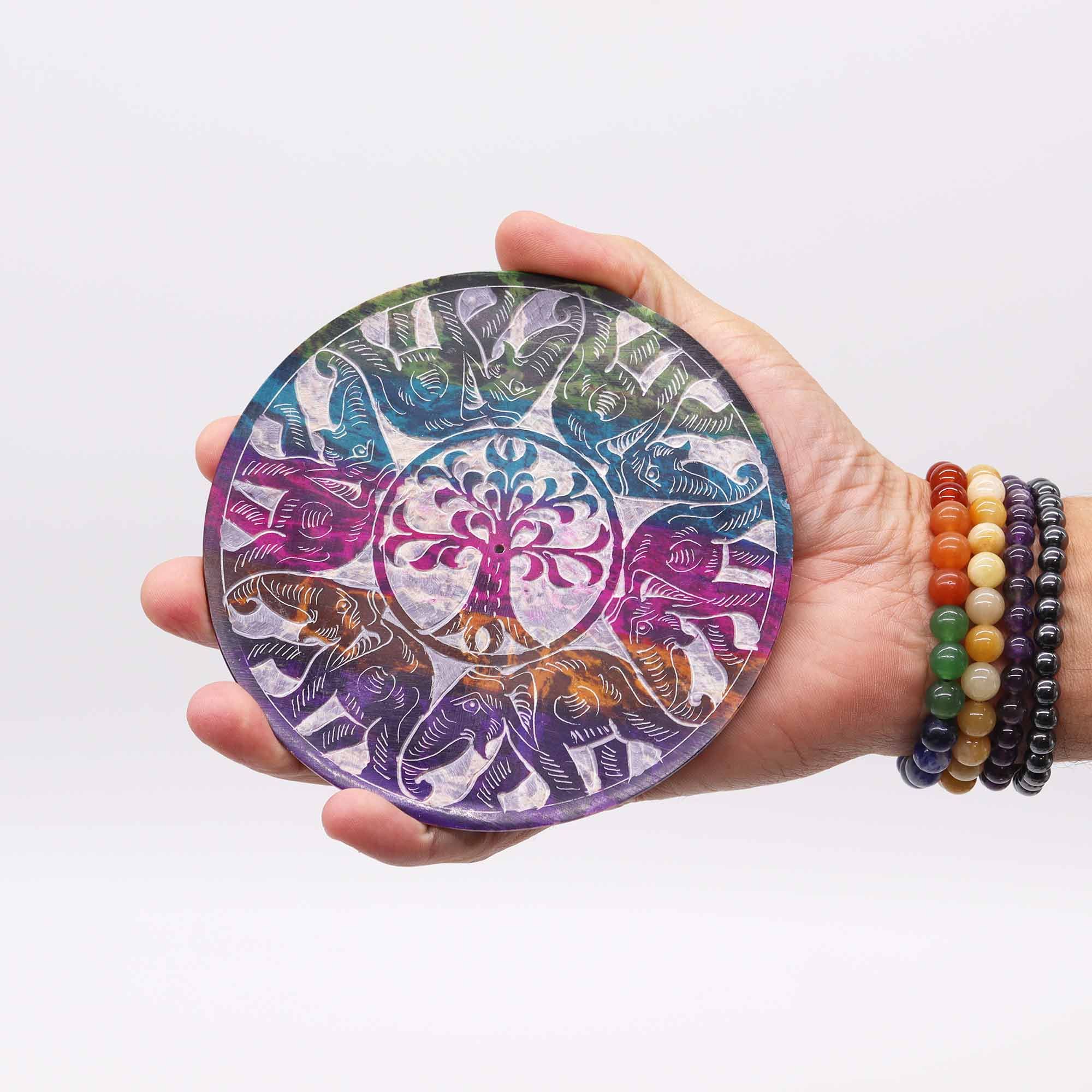 Porta-incienso Disco de Esteatita 12cm - 6 Elefantes de la Suerte - Imagen 2