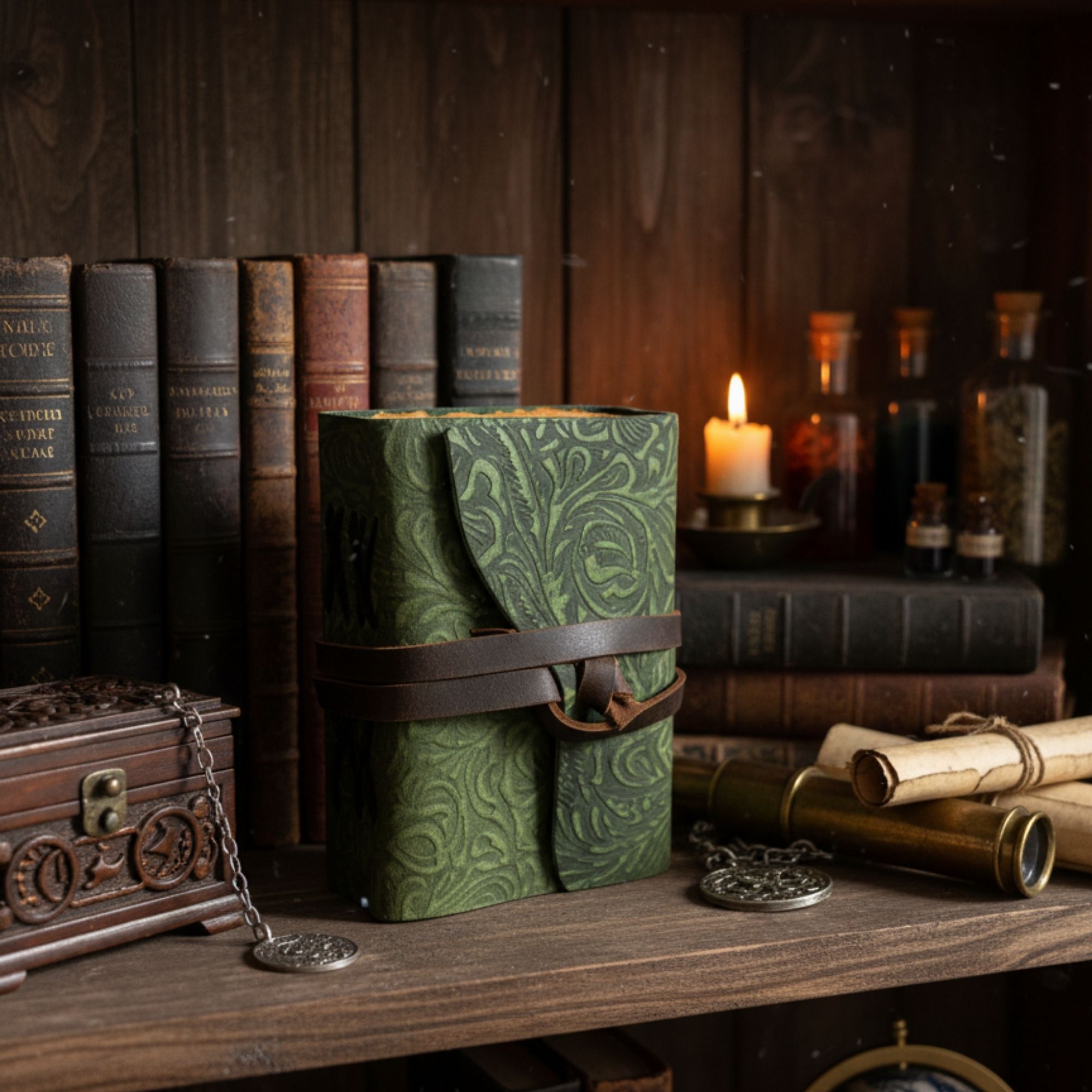 Cuaderno grueso de cuero con borde deckle – Patrón de laberinto verde – 12.7×8.9 cm