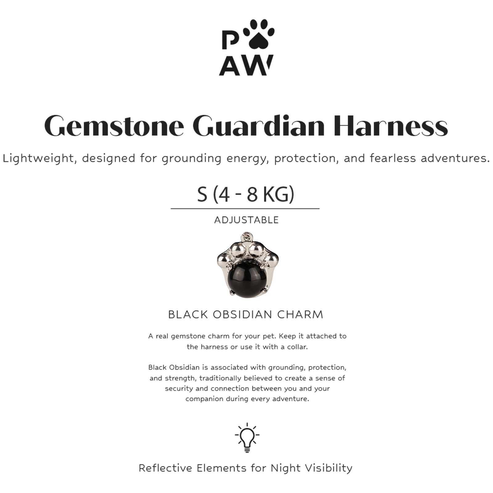 PAW - S (4-8 kg) Arnés de paso para perros Guardian con malla reflectante - Gris roca - Colgante de obsidiana negra - Imagen 3