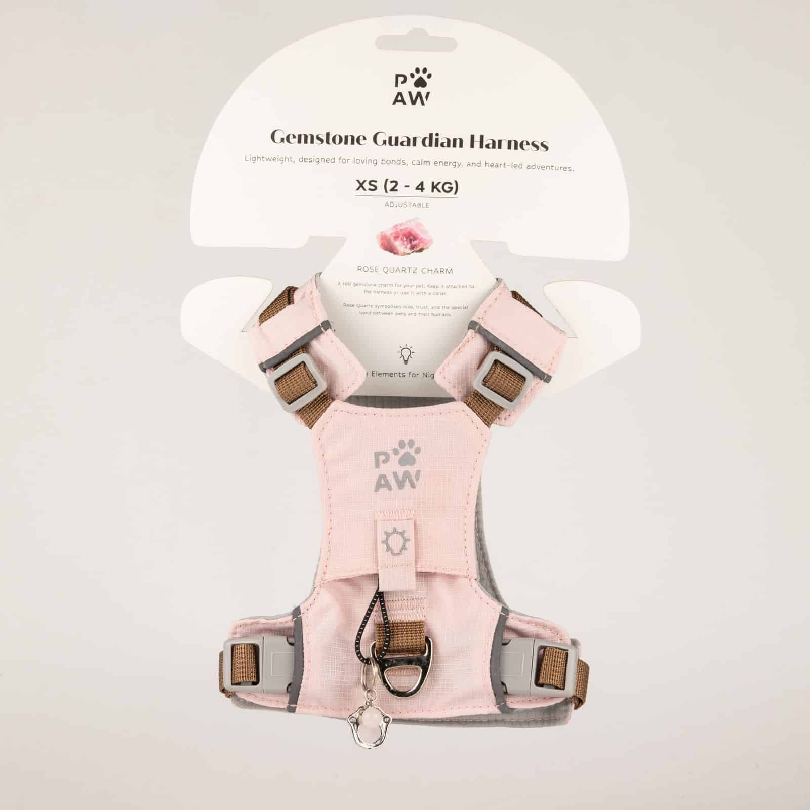 PAW - XS (2-4 kg) Arnés de paso para perros Guardian con malla reflectante - Rosa suave - Colgante de cuarzo rosa