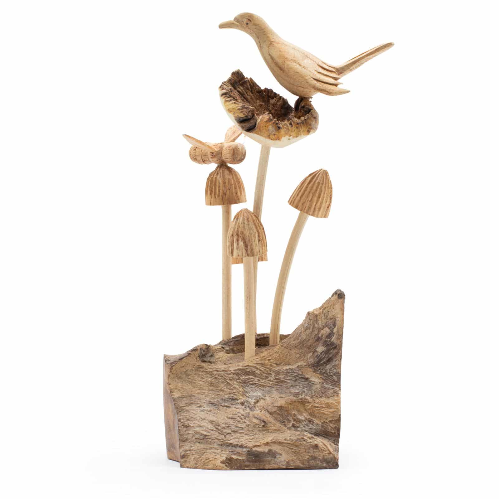 Talla de arte en madera parásita hecha a mano - Pájaro y abeja sobre hongos
