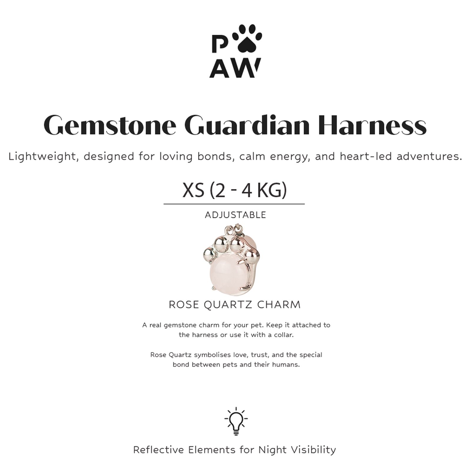 PAW - XS (2-4 kg) Arnés de paso para perros Guardian con malla reflectante - Rosa suave - Colgante de cuarzo rosa - Imagen 7